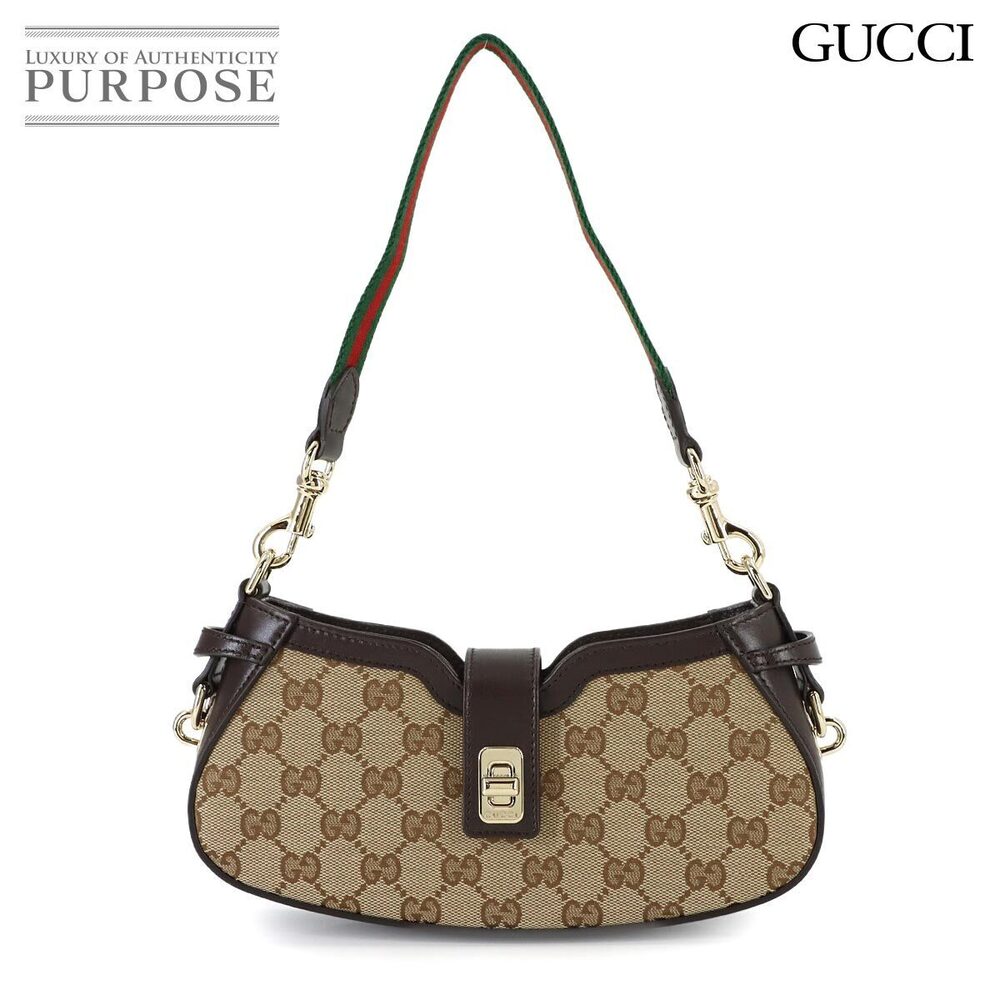 Gucci Moon Side Shoulder Bag GG Canvas Web Stripe Beige Brown